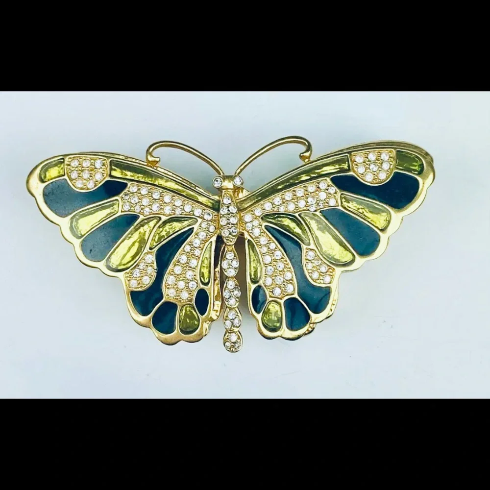 Kenneth Jay Lane Butterfly Pin and Box  Green Enamel Rhinestones made Thailand